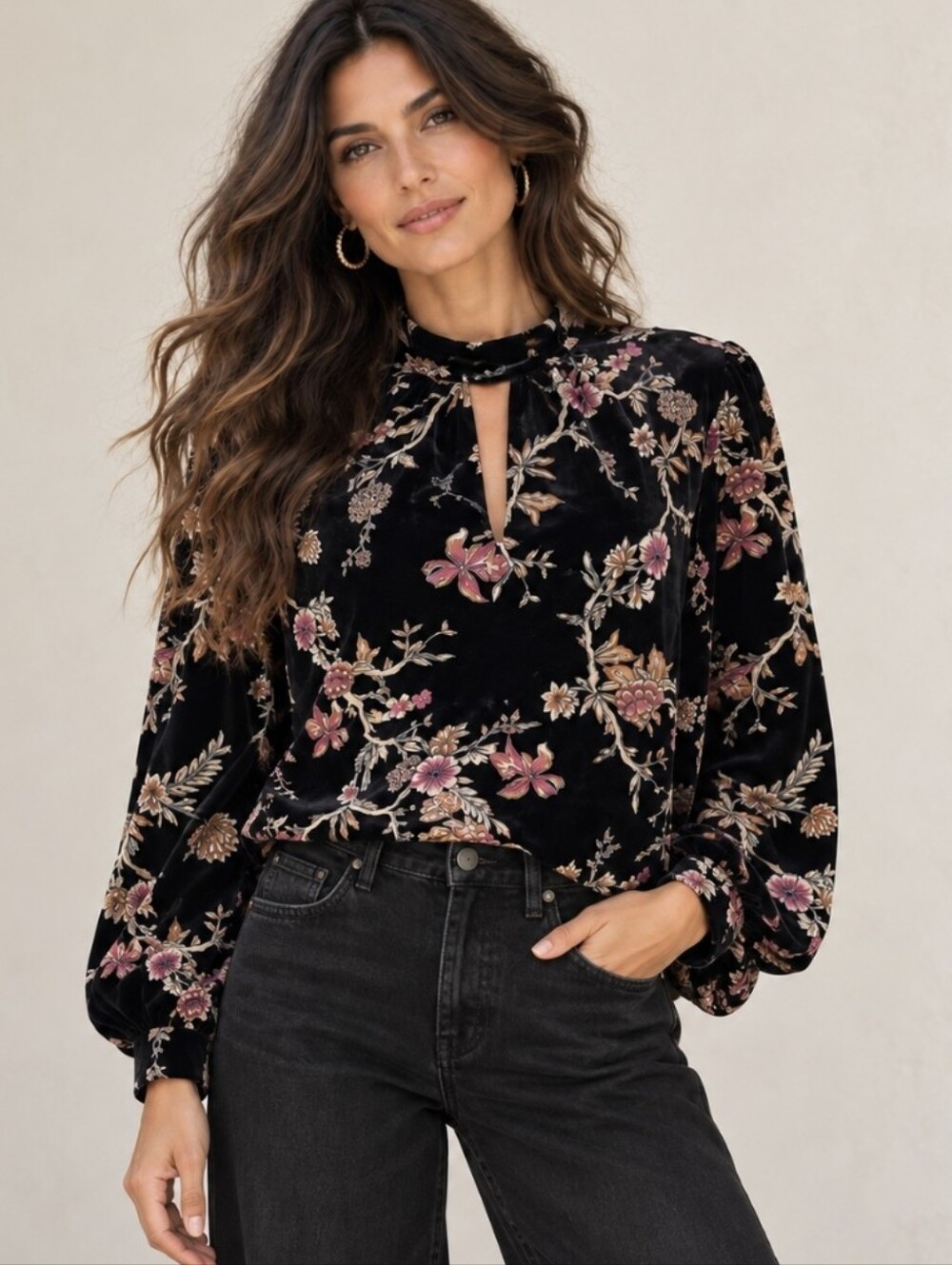 Vtg Cache Velvet Burnout Floral Blouse Black Sheer Sleeves Y2K Whimsigoth Sz L